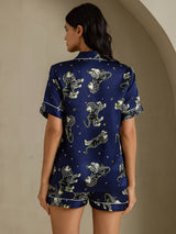[Lion Bleu Marine] SilkSilky-FR Short Sleeve Notch Collar Femme Pyjamas 002