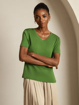 [Vert] SilkSilky-FR Short Sleeve V Neck Femme T-Shirt 007