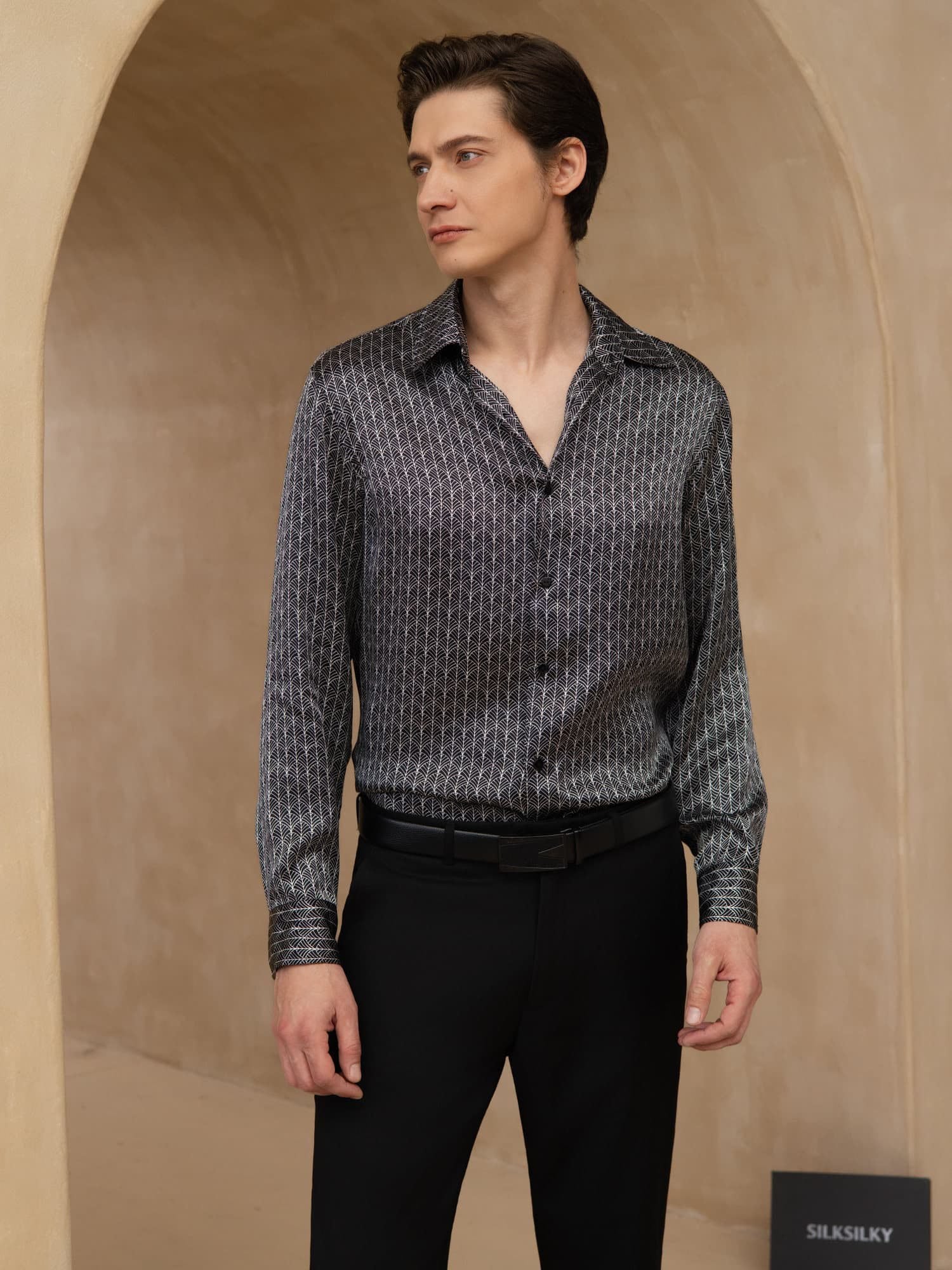 [Ginkgo Noir] SilkSilky-FR Manches longues Col à Revers Homme Chemise 005