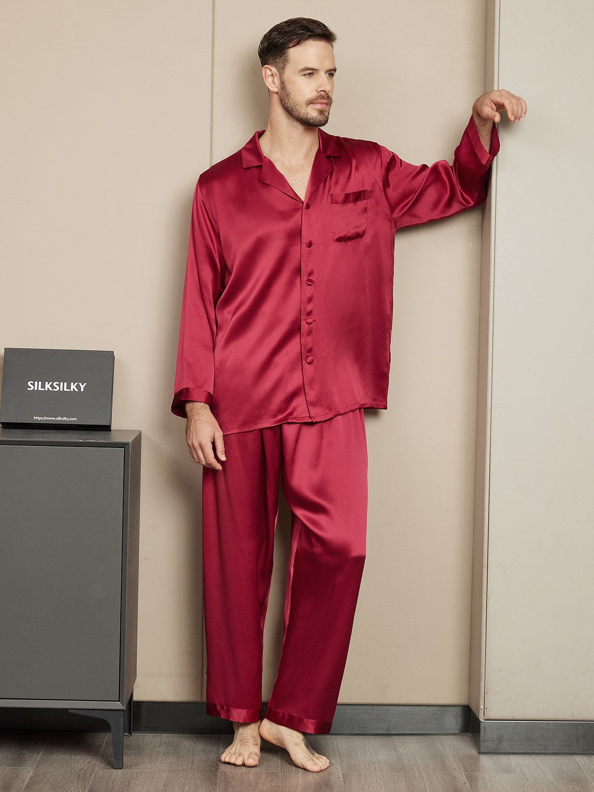 SilkSilky FR Pure Soie Manches longues Mens Pajamas RougeVineux 004