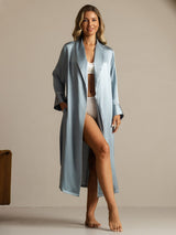 [Bleu Grisâtre] SilkSilky-FR Soie Col Chemise Femme Peignoir 008,