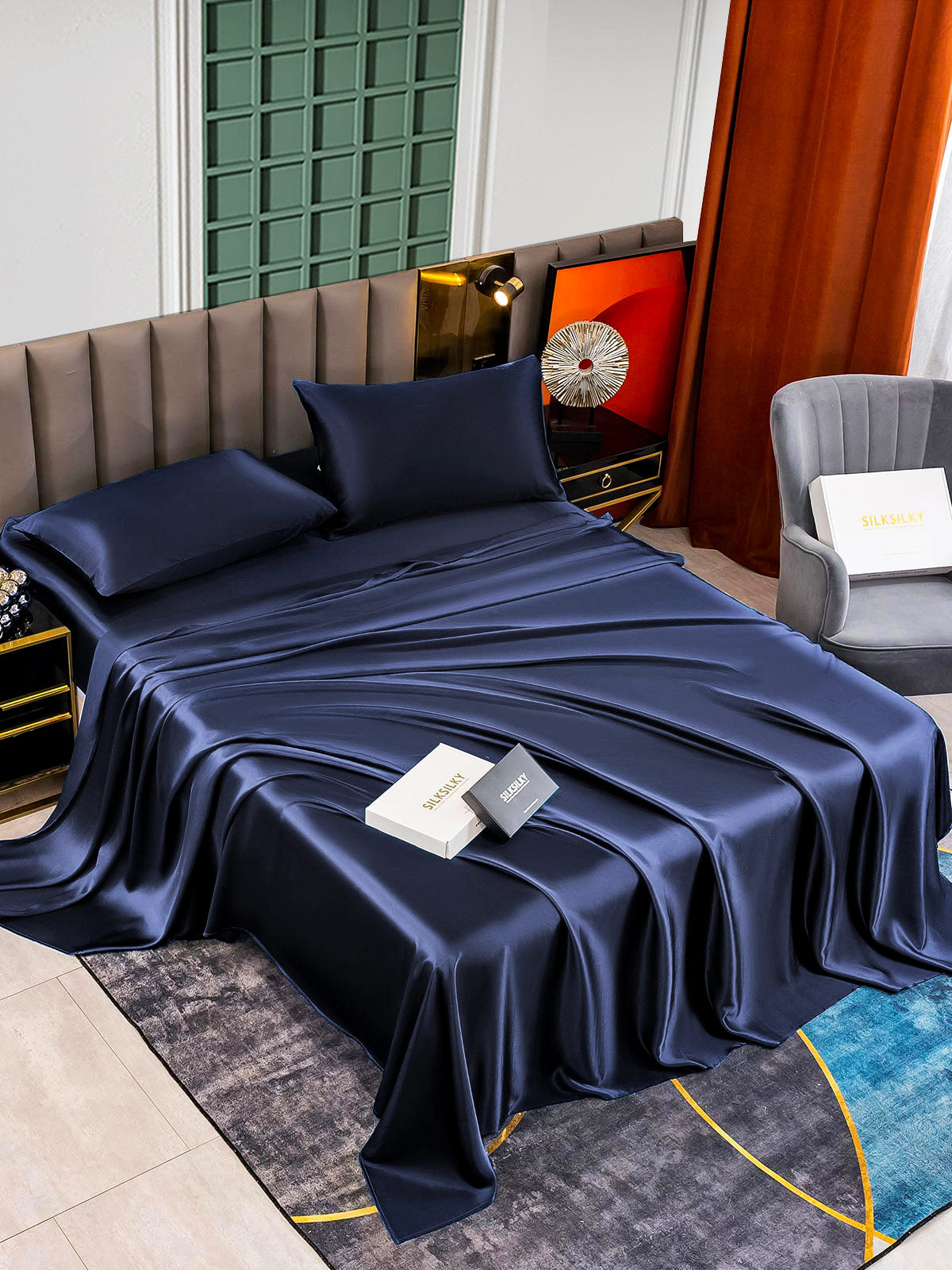 [Bleu Foncé] SilkSilky-FR 25Momme Pure Soie Bedding Set 003