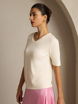 [Beige] SilkSilky-FR Manches courtes Col V Femme T-Shirt 006