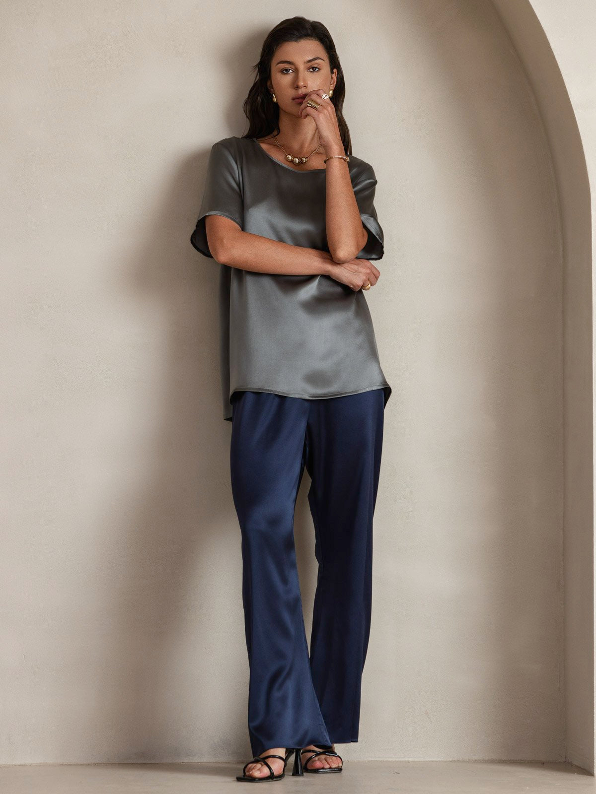 SilkSilky-FR Pure Soie Manches courtes Col Rond Femme T-Shirt GrisFoncé 005