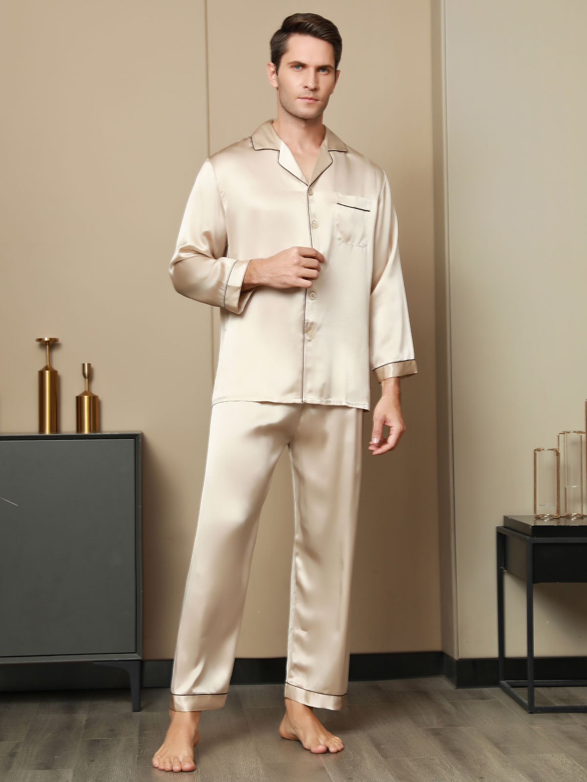 SilkSilky FR Pure Soie Manches longues Revers Homme Pyjamas Tan 003