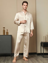 [Tan] SilkSilky-FR Pure Soie Manches longues Revers Homme Pyjamas 003