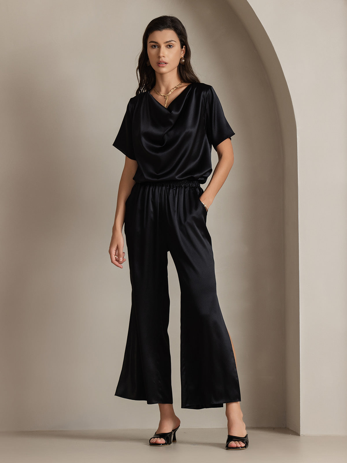 [Noir] SilkSilky-FR 19Momme Soie Womens Pants 007