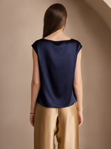 [Bleu Foncé] SilkSilky-FR Cap Sleeve Cowl Neck Femme T-Shirt 002