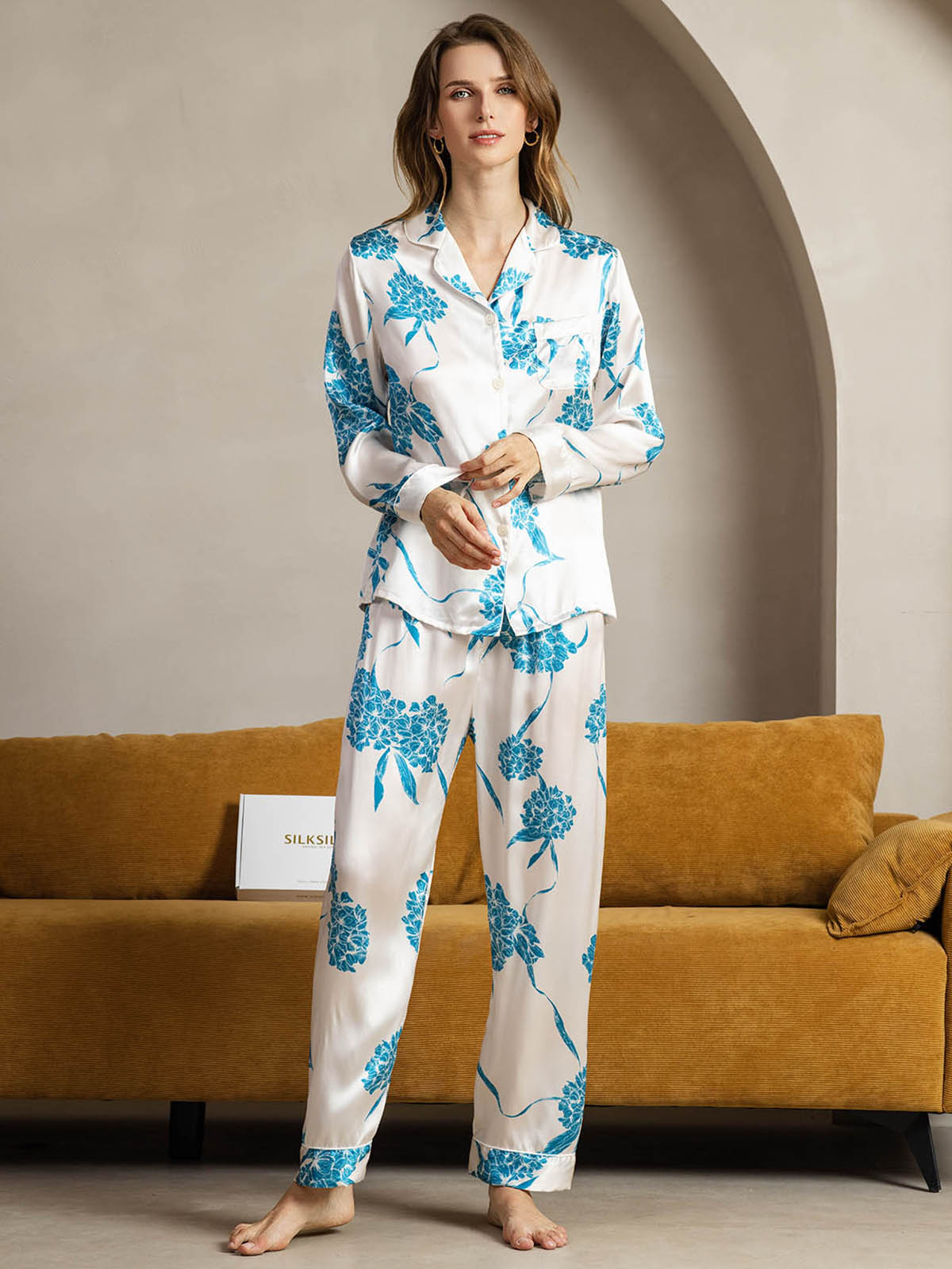 [Floral Bleu] SilkSilky-FR Pure Soie Womens Pajamas 003
