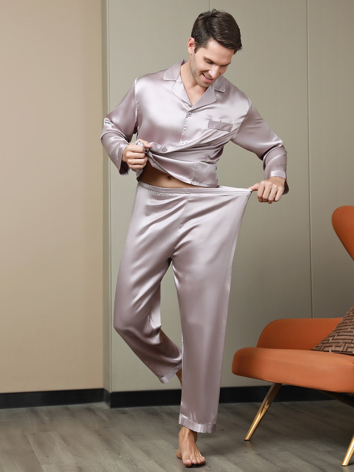 [Mauve Pâle] SilkSilky-FR 19Momme Pure Soie Mens Pajamas 007