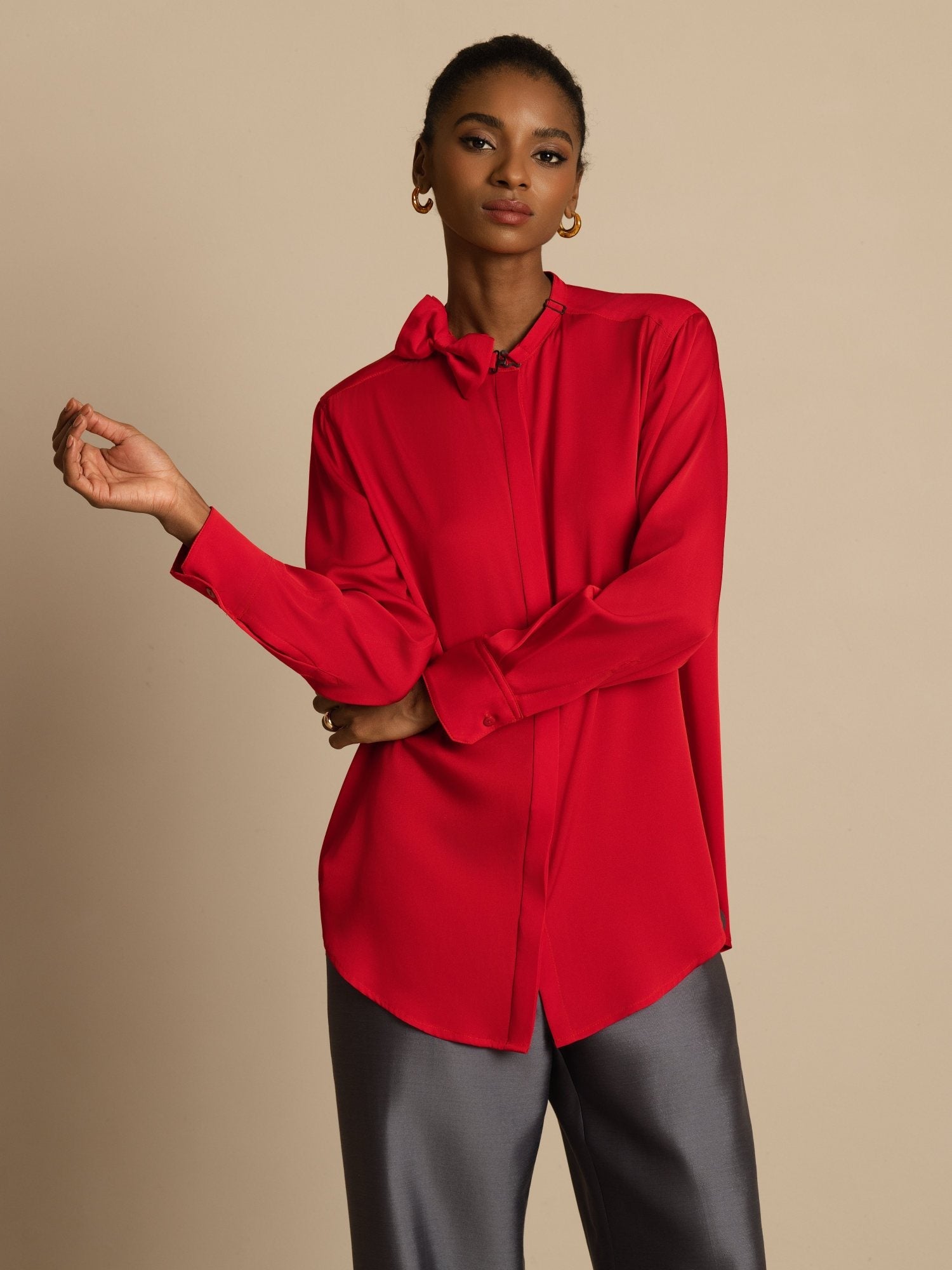 [RougeVineux] SilkSilky-FR 19Momme Soie Manches longues Col Montant Blouse 003