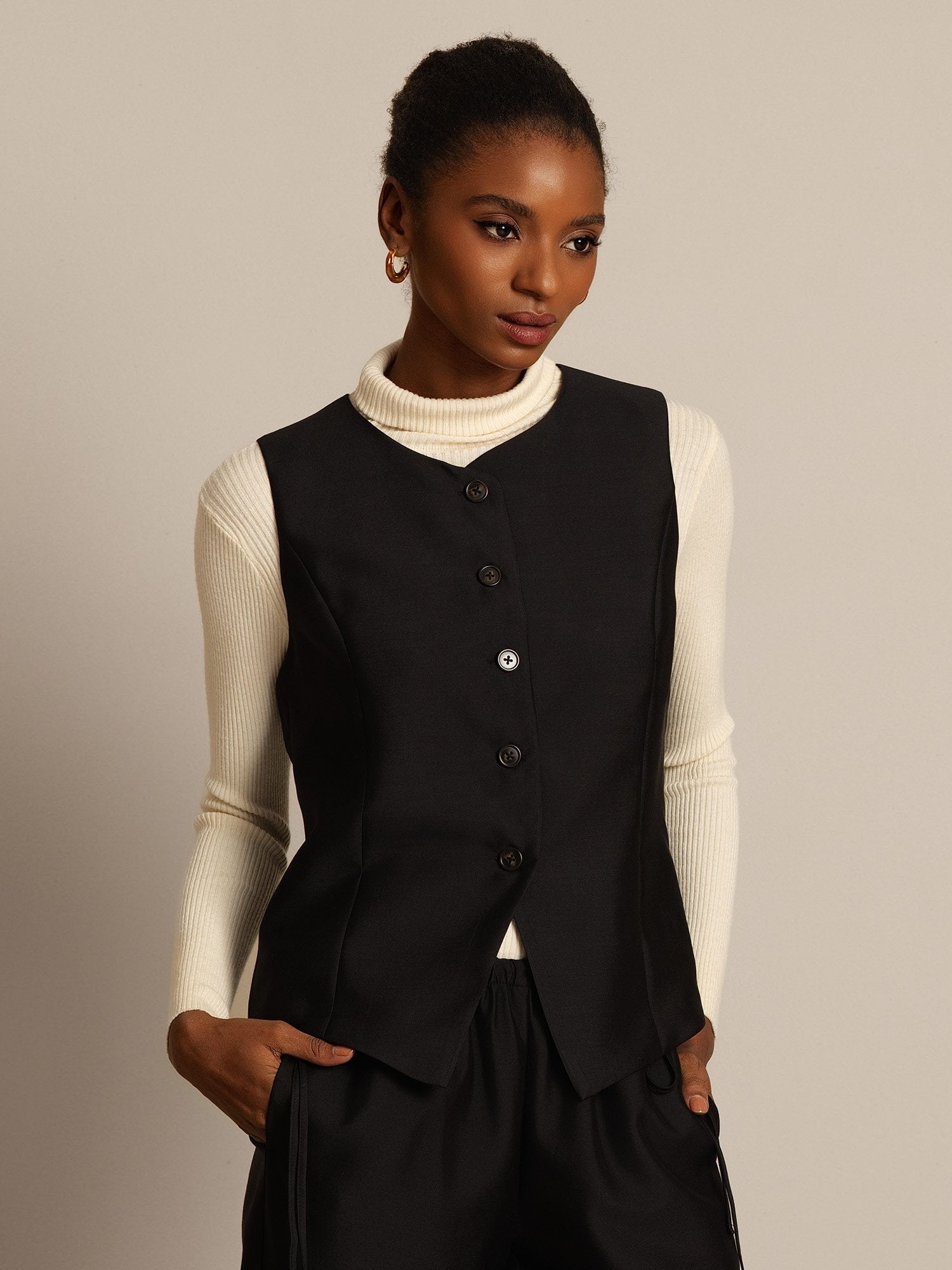 [Noir] SilkSilky-FR 32Momme Soie Womens Vest 007,