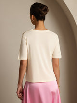 [Beige] SilkSilky-FR Manches courtes Col V Femme T-Shirt 002
