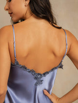 [Bleu Acier] SilkSilky-FR Sleeveless V Neck Chemises de nuit 005
