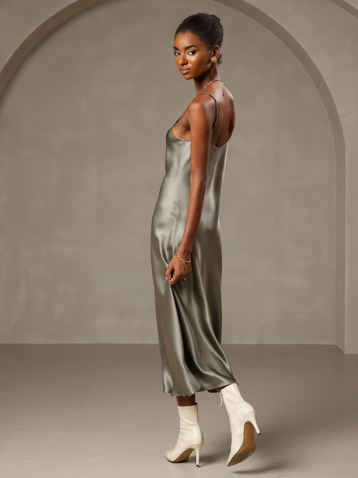 [Vert Grisâtre] SilkSilky-FR Pure Soie Col Rond Robes 002