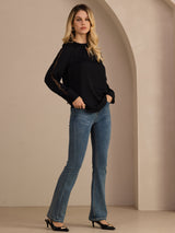 [Noir] SilkSilky-FR Long Sleeve Keyhole Neck Blouse 007