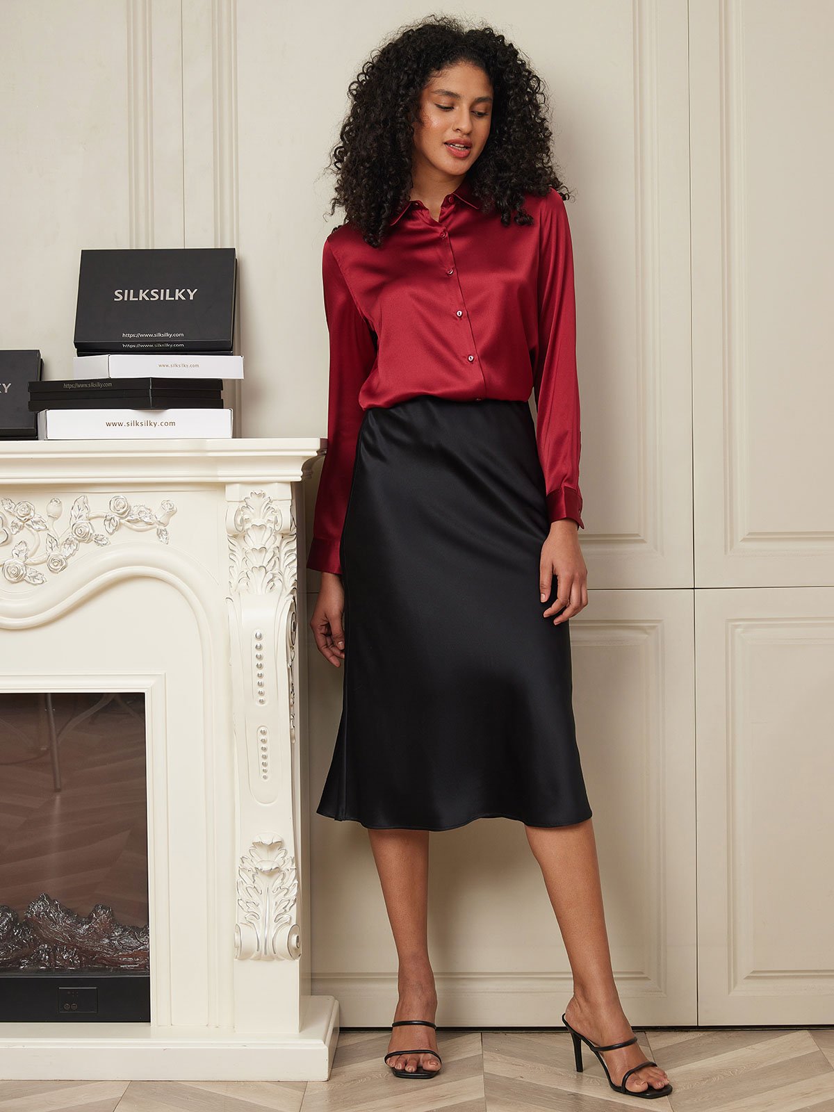 [Noir] SilkSilky-FR 19Momme Pure Soie Skirt 004