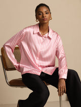 [Rayure Rose] SilkSilky-FR Long Sleeve Lapel Collar Femme Chemise 003