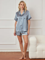 [Bleu Acier] SilkSilky-FR Short Sleeve Lapel Collar Femme Pyjamas 003