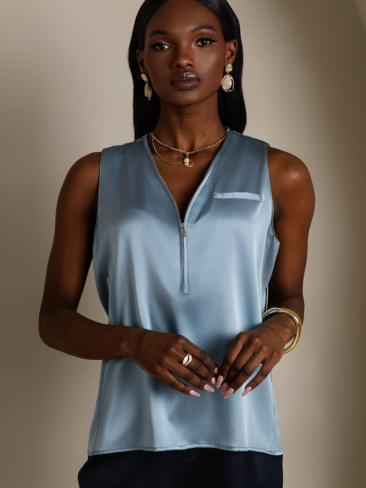 SilkSilky-FR 19Momme Soie Sans manches Col en V Femme Chemise BleuGrisâtre 003