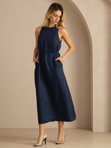 [Bleu Foncé] SilkSilky-FR Sleeveless Crew Neck Robes 003