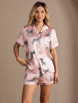 [Zèbre Rose] SilkSilky-FR Short Sleeve Lapel Collar Femme Pyjamas 001