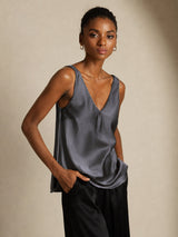 [Gris Foncé] SilkSilky-FR Sleeveless V Neck Top À Fines Brides 007
