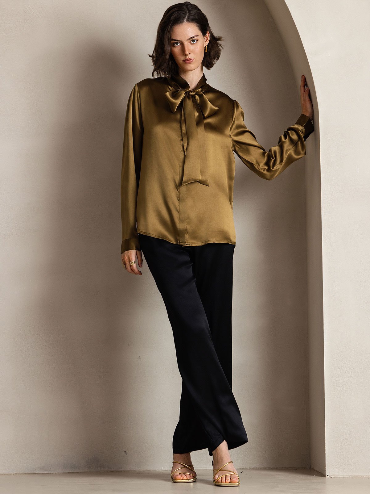 [Brun] SilkSilky-FR 19Momme Manches longues À Nouer Blouse 005