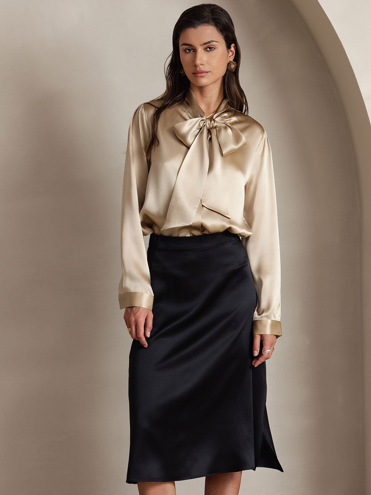 [Champagne] SilkSilky-FR 19Momme Manches longues À Nouer Blouse 005