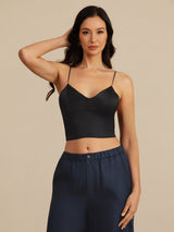 [Noir] SilkSilky-FR Spaghetti Strap V Neck Top À Fines Brides 005