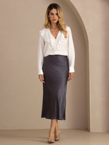 [Blanc] SilkSilky-FR Long Sleeve Deep V Neck Blouse 006
