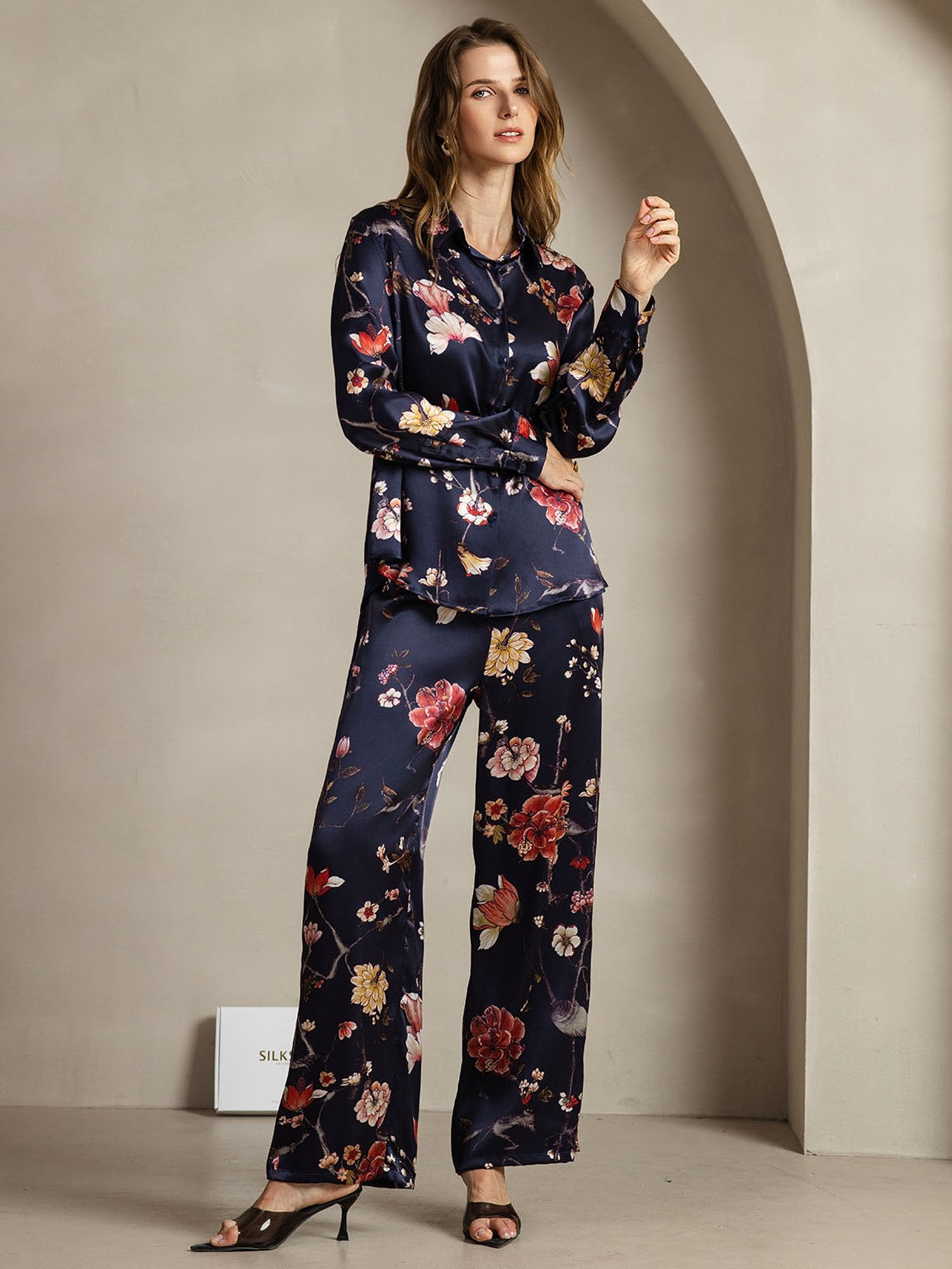 [FloralMarine] SilkSilky-FR 19Momme Soie Col Chemise Women''s Outfit Sets 004