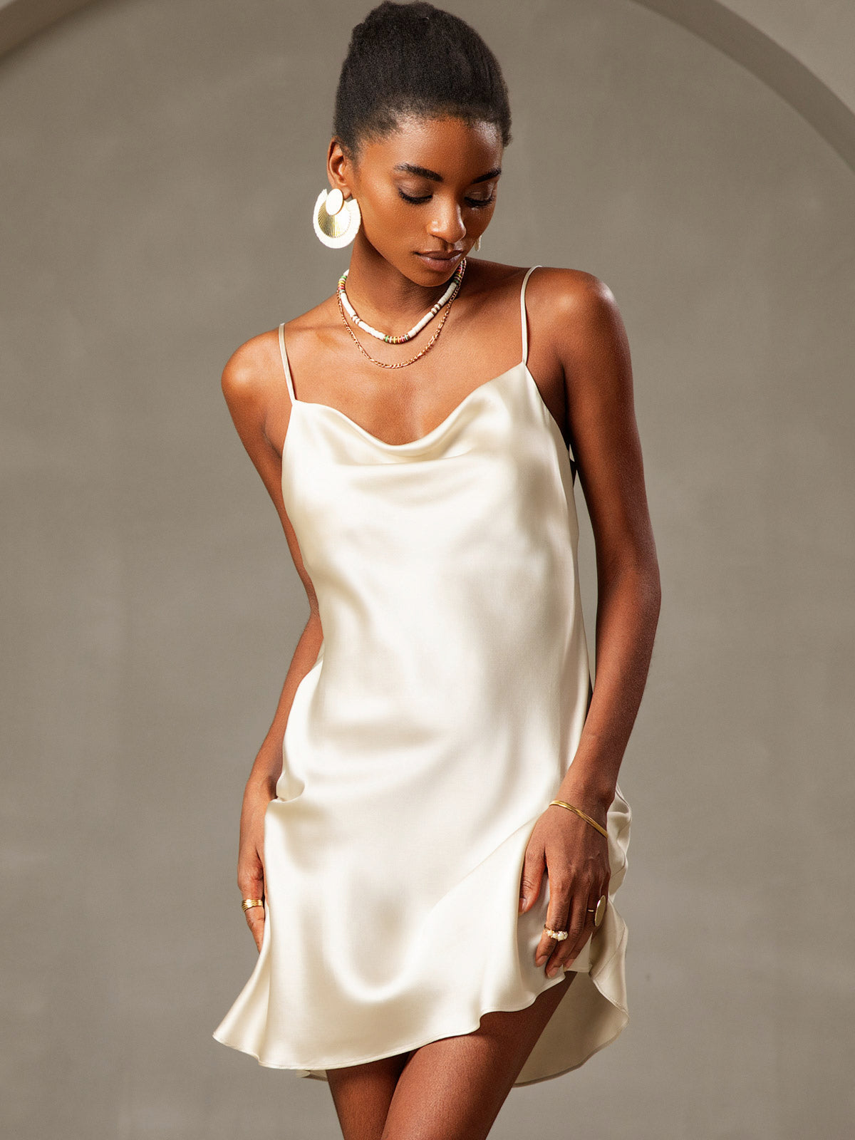 [Jaune Clair] SilkSilky-FR Pure Soie Col Bénitier Robes 001