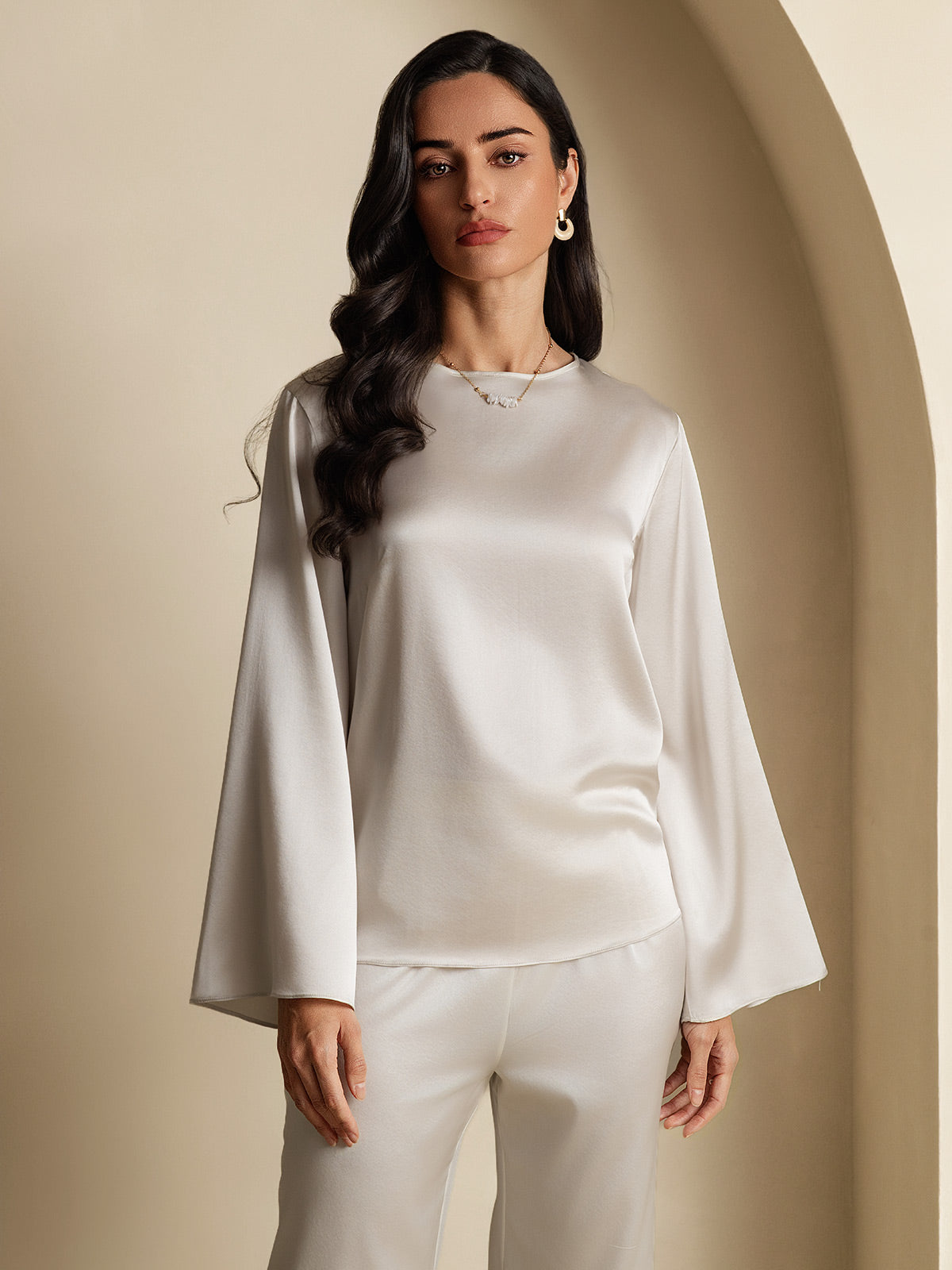 [Gris Clair] SilkSilky-FR 19Momme Soie Col Rond Femme T-Shirt 003