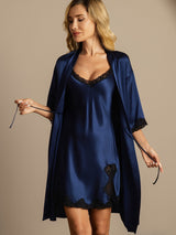 [Bleu Foncé] SilkSilky-FR Manches mi-longues Col V Peignoir&Robe de Chambre 006