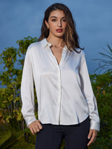 [Blanc] SilkSilky-FR Long Sleeve Lapel Collar Femme Chemise 005