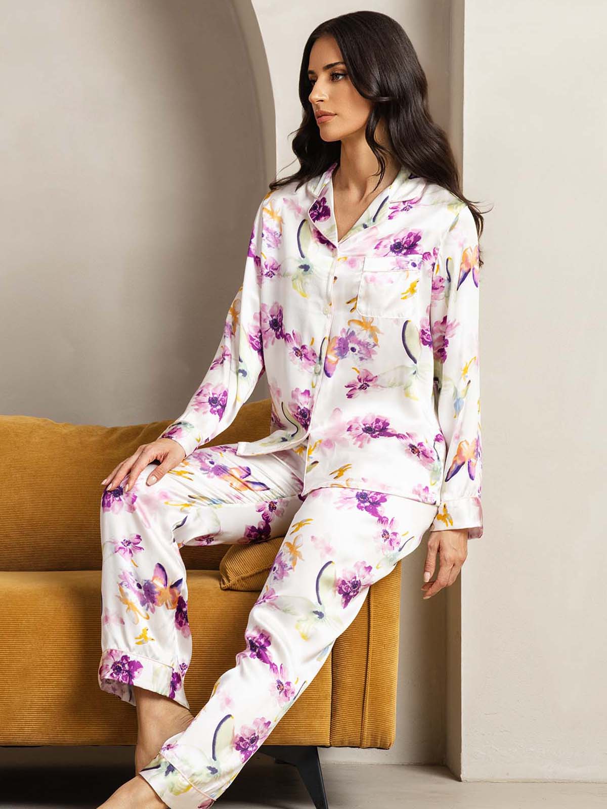 [Fleurs Aquarelle] SilkSilky-FR Pure Soie Womens Pajamas 005