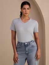 [Bleu Grisâtre] SilkSilky-FR Short Sleeve V Neck Femme T-Shirt 003