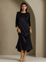 [Noir] SilkSilky-FR 3/4 Sleeve Round Neck Robes 004
