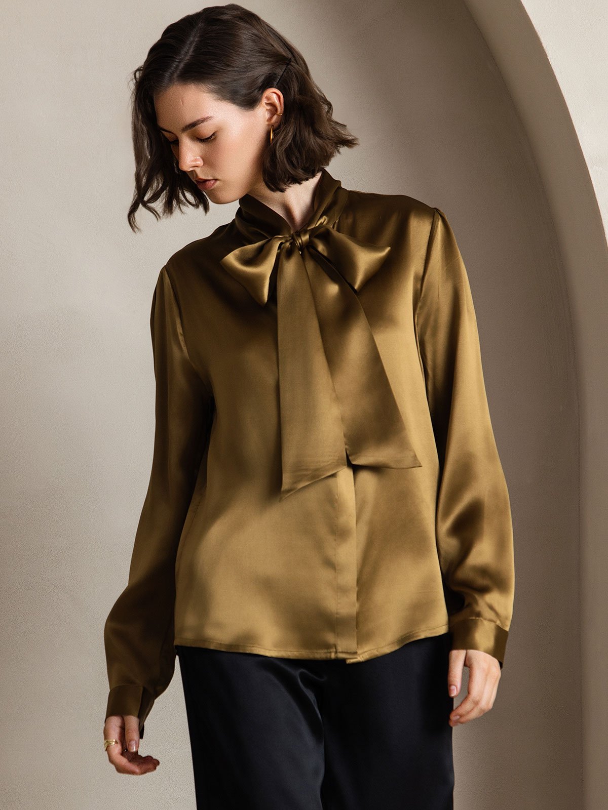 [Brun] SilkSilky-FR 19Momme Manches longues À Nouer Blouse 001