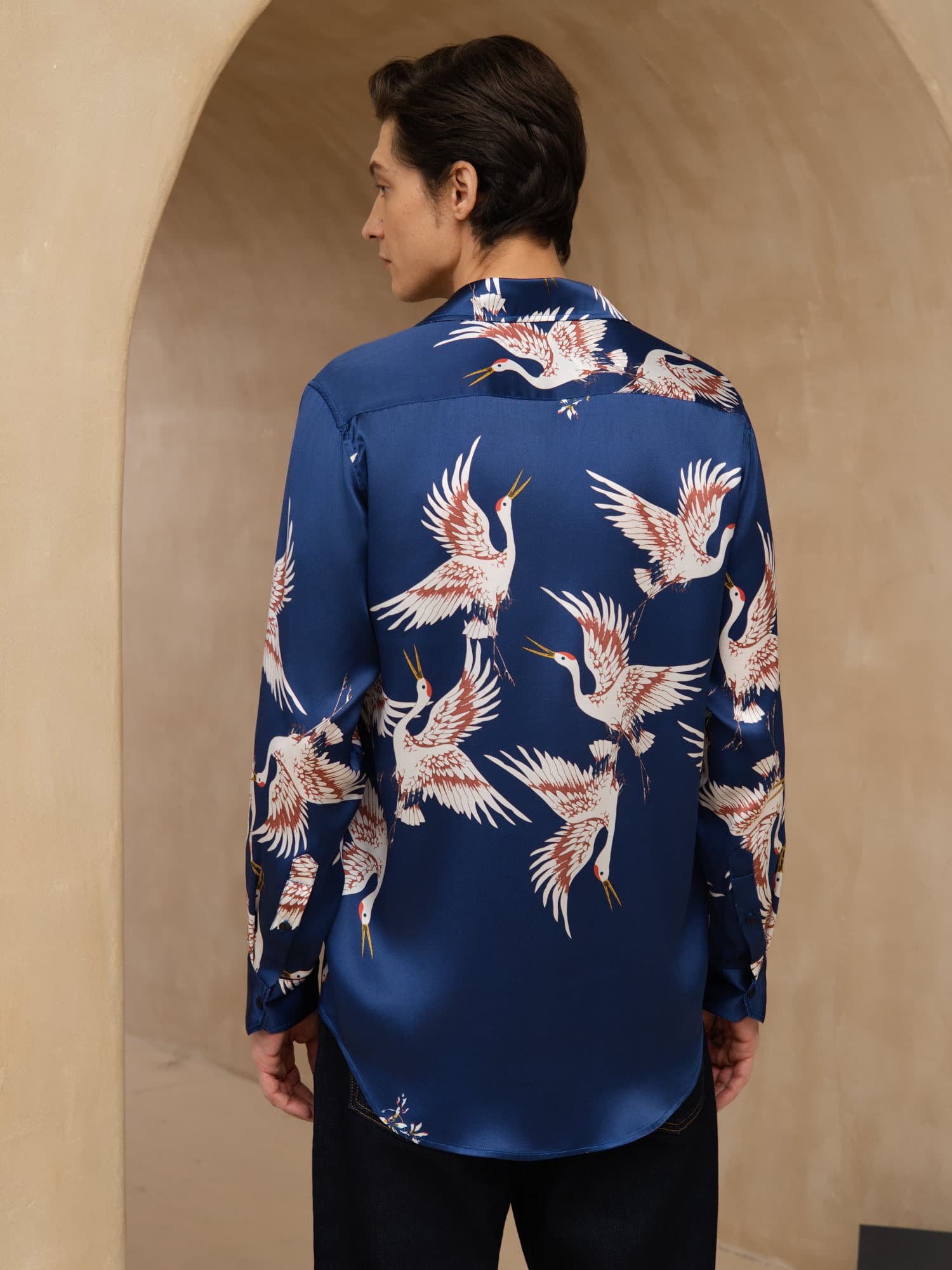 [Bleu Foncé] SilkSilky-FR 19Momme Manches longues Col à Revers Homme Chemise 002