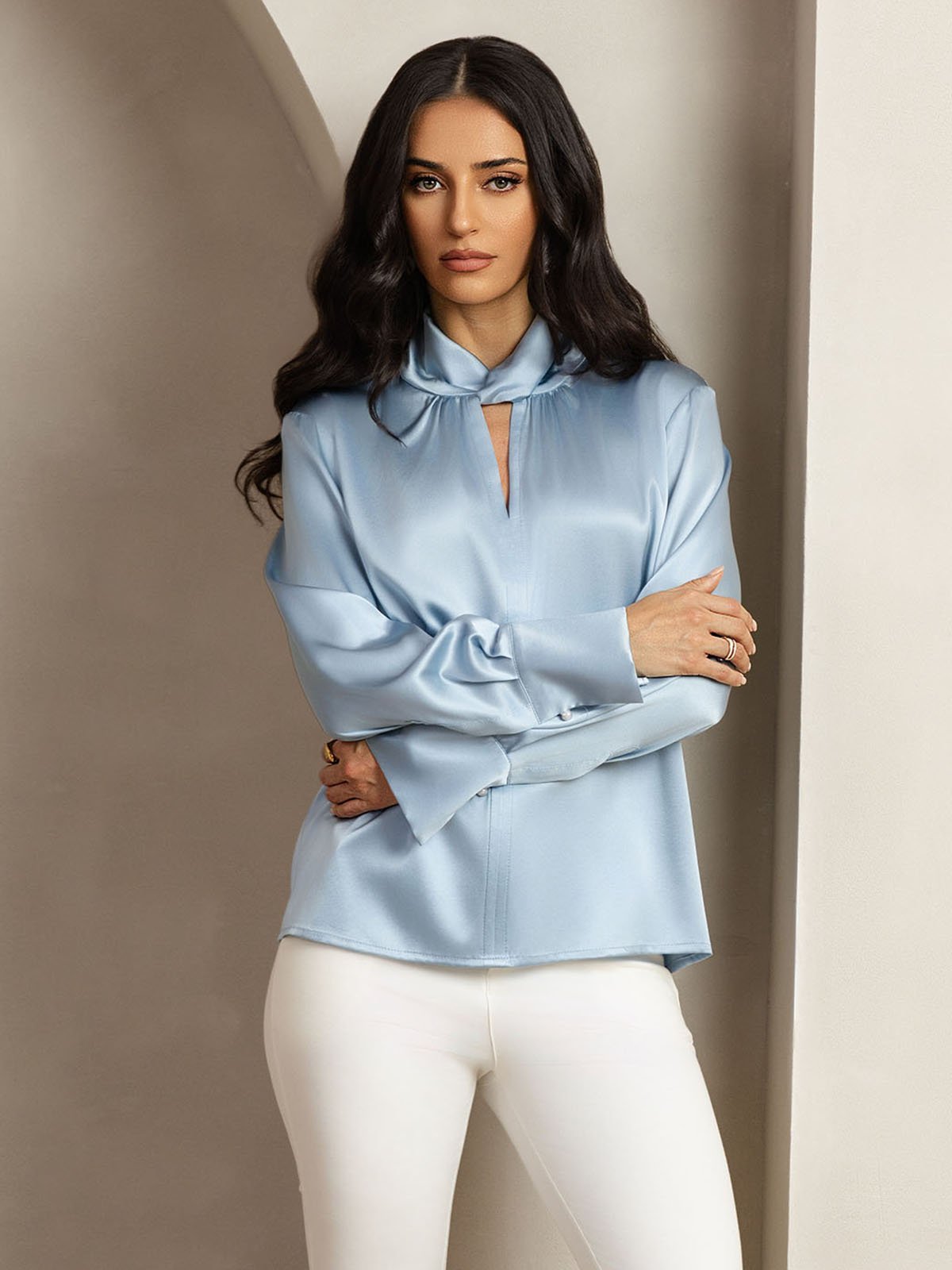 [BleuGrisâtre] SilkSilky-FR 19Momme Soie Womens Shirt 006