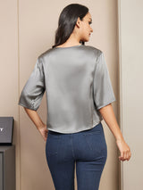 [Gris Foncé] SilkSilky-FR Manches mi-longues Encolure Dégagée Femme T-Shirt 002