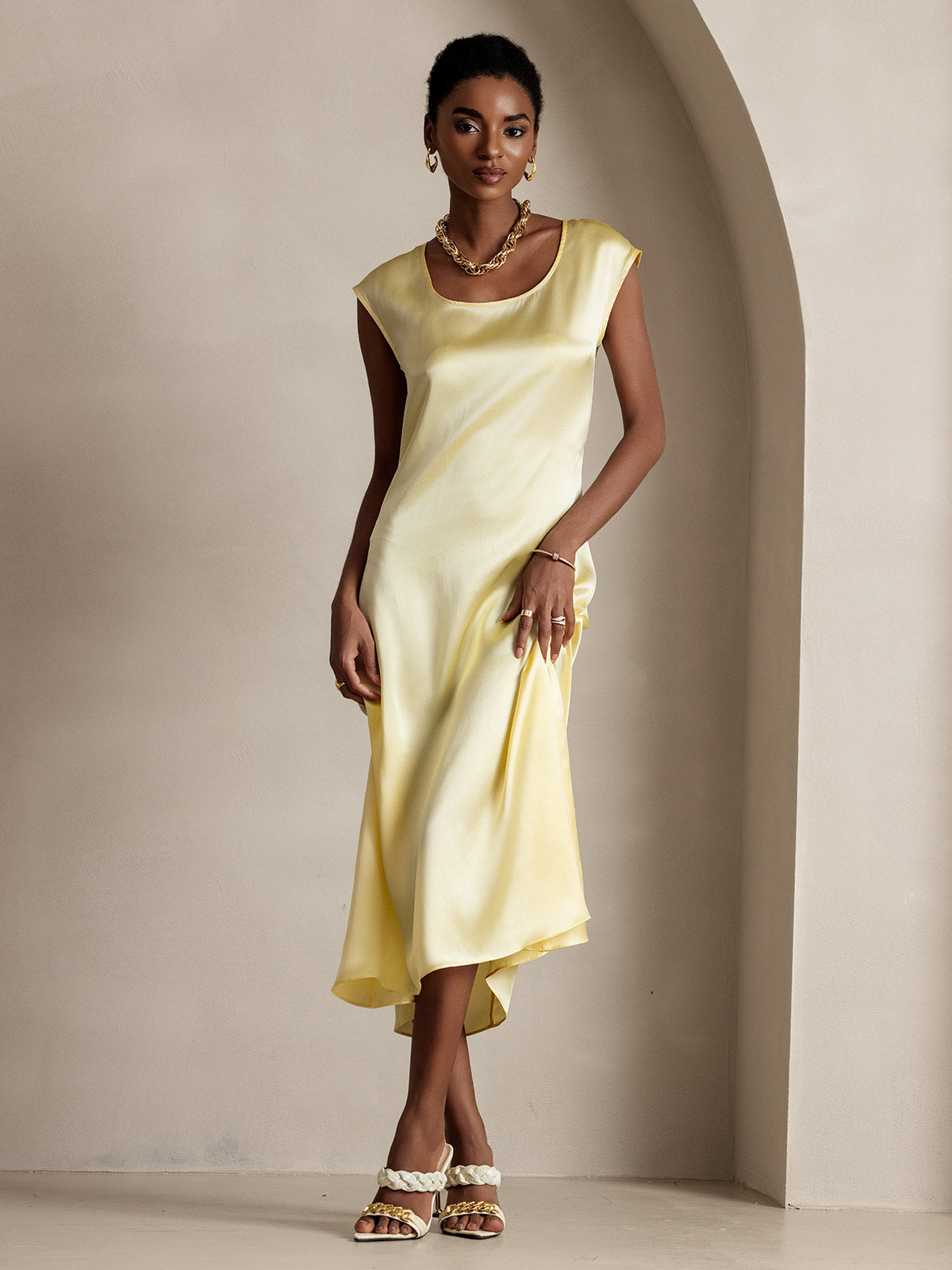 [Jaune Clair] SilkSilky-FR 19Momme Soie Col Rond Robes 001