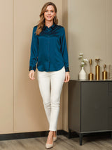 [Bleu Royal] SilkSilky-FR Long Sleeve Lapel Collar Femme Chemise 005
