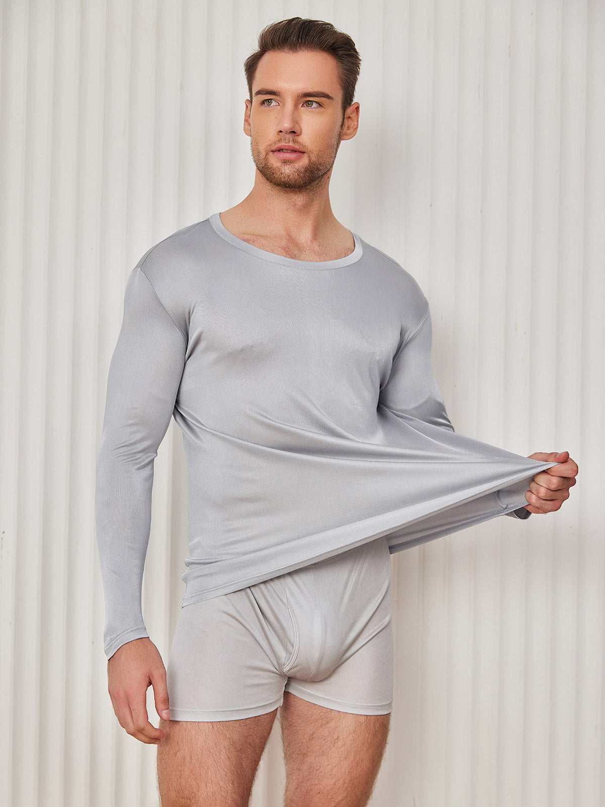 [Gris Clair] SilkSilky-FR Manches longues Col Rond Homme T-Shirt 003