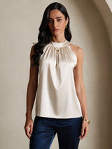 [Beige] SilkSilky-FR Sleeveless Halter Femme T-Shirt 003
