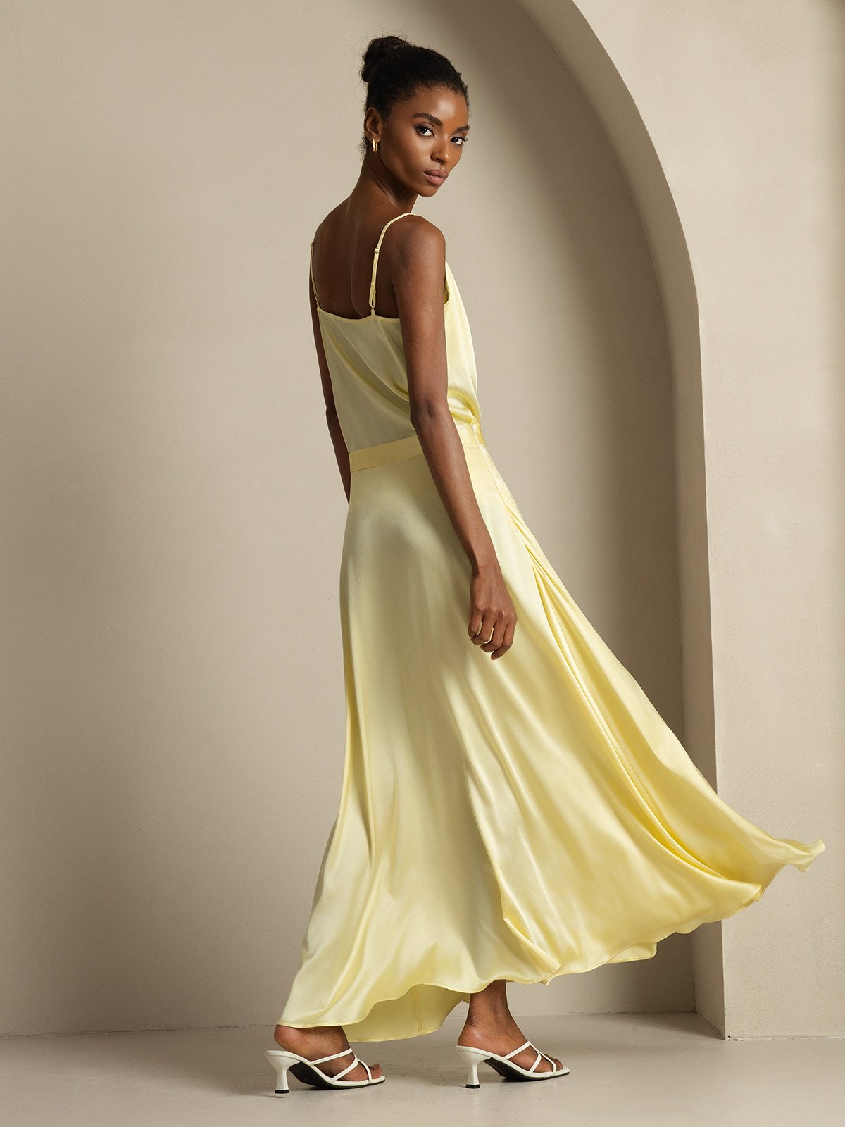 [Jaune Clair] SilkSilky-FR 19Momme Soie Col Chemise Women''s Outfit Sets 002,