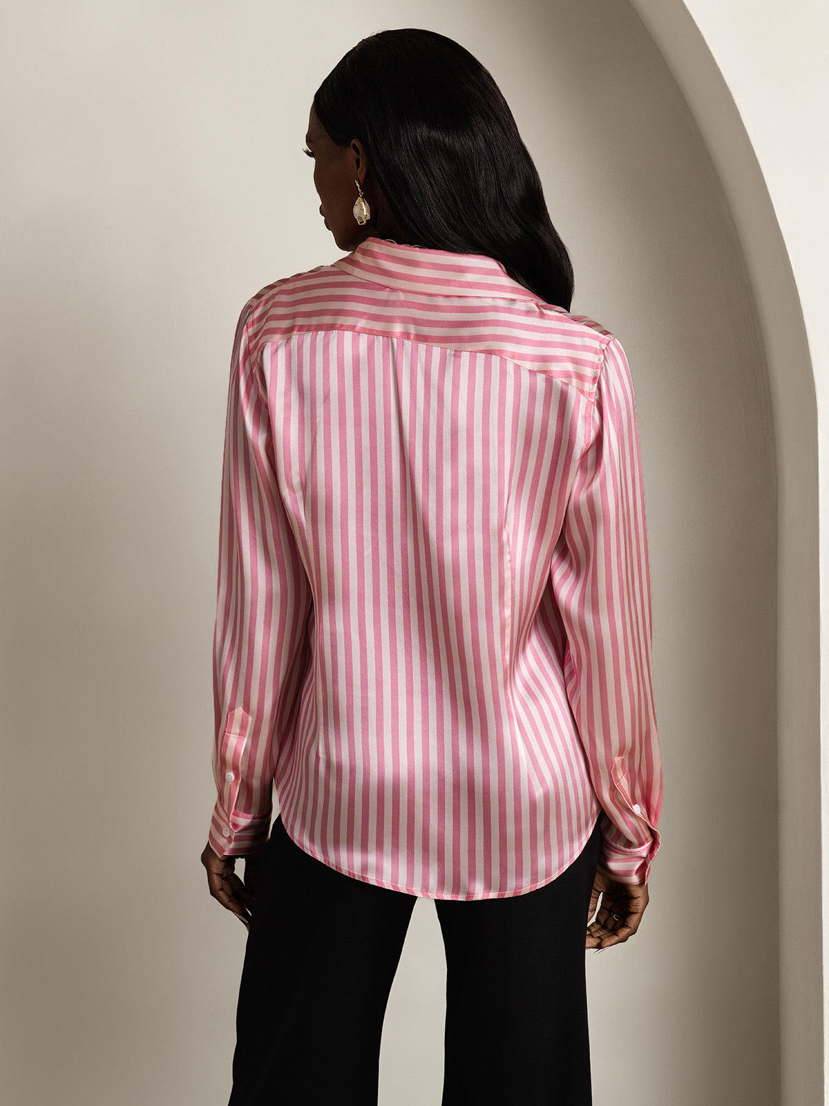 [Rayure Rose] SilkSilky-FR Long Sleeve Lapel Collar Femme Chemise 002