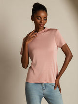 [Rose] SilkSilky-FR 100% Silk Jersey Short Sleeve Mock Neck Femme T-Shirt 005